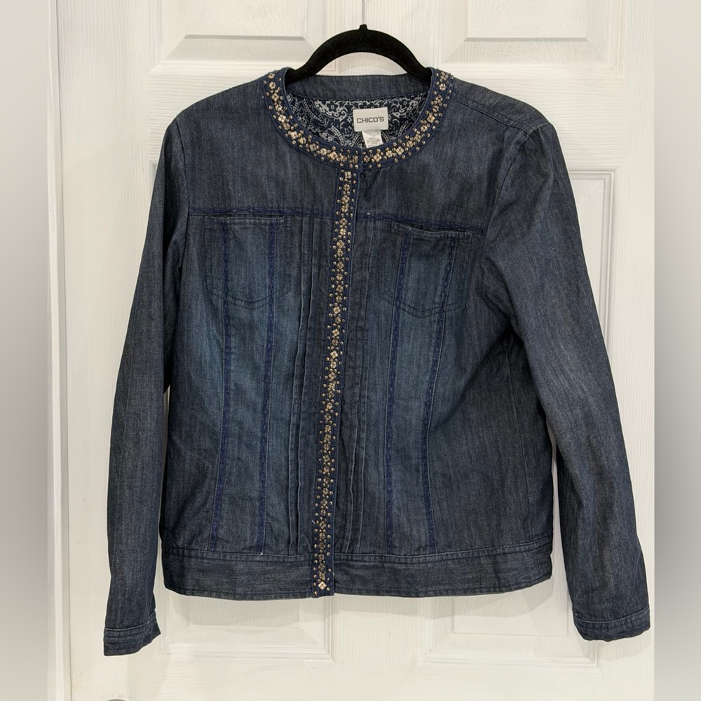 Chico's Dark Blue Jean Jacket with Gold Accents